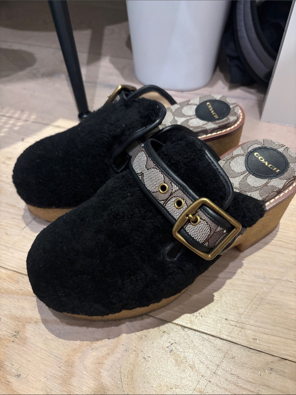 COACH Black Shearling Clog with Signature Strap